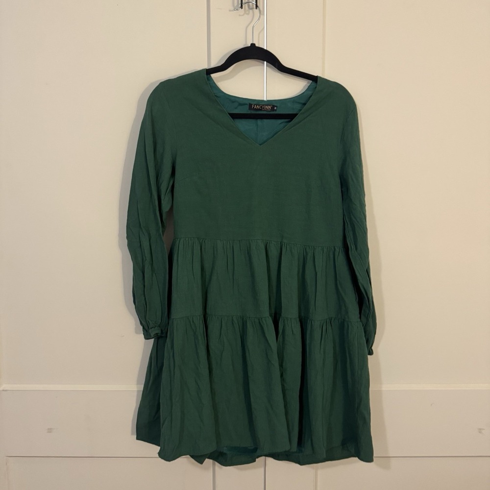 FANCYINN Hunter Green Tiered Long Sleeve V-Neck Dress Short Size M Side Zip